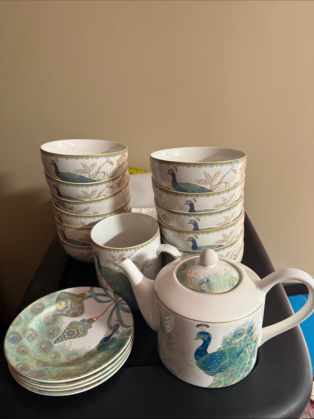 222 Fifth Peacock Porcelain Tea Set - White and Teal with Gold Accents 18pcs